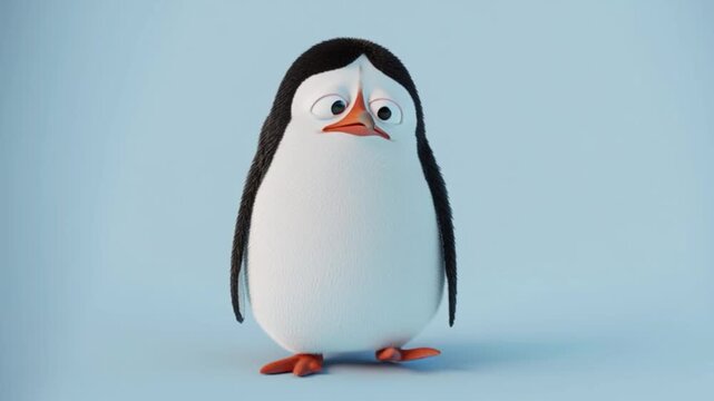 Sad penguin cartoon character with emotional expression standing alone on light blue background, cute animated animal illustration showing feelings, loneliness mood, children education, psychology emo