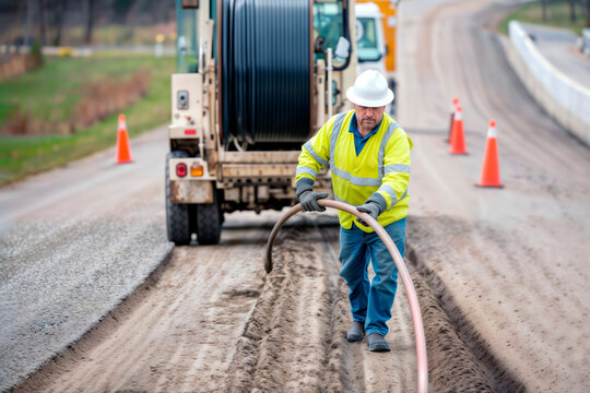 Road worker guiding fiber optic cable from truck reel into asphalt trench.