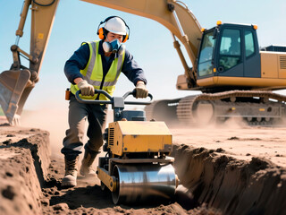 Construction worker operating walk-behind soil compactor in trench with excavator in background.