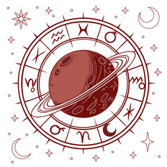 Red planet with zodiac symbols and ring system on white background © mukul