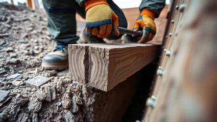 Worker kneeling in trench adjusting metal foundation bracket with tool on wooden formwork.