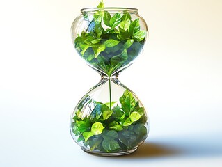 Hourglass filled with lush green leaves on a light background time growth
