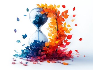 Hourglass with blue and orange leaves symbolizing passage of time seasons autumn
