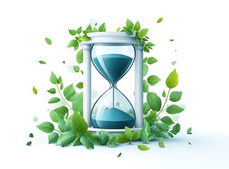 Hourglass with blue sand surrounded by green leaves and falling leaves time