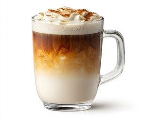 Layered drink in a clear mug with whipped cream and spice on top