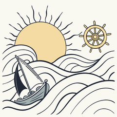Sailboat on waves with sun and ship wheel