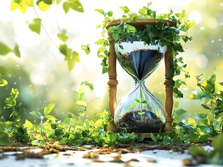 Hourglass with sprouting plant and green vines in soft light time growth