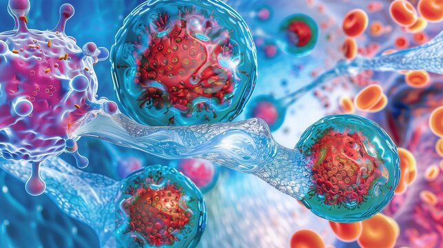 Autoimmune thyroiditis: Scientific medical illustration showing autoimmune attack on thyroid cells, antibodies attacking thyroid tissue, immune cells infiltration process