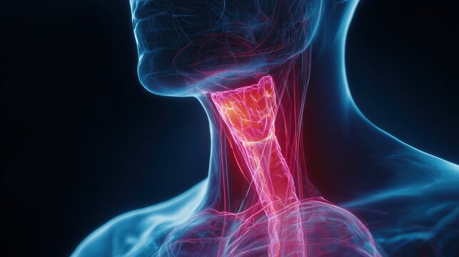 Autoimmune thyroiditis: close-up of human neck highlighting the thyroid gland, autoimmune thyroiditis concept, transparent skin visualization, soft medical lighting, anatomical accuracy