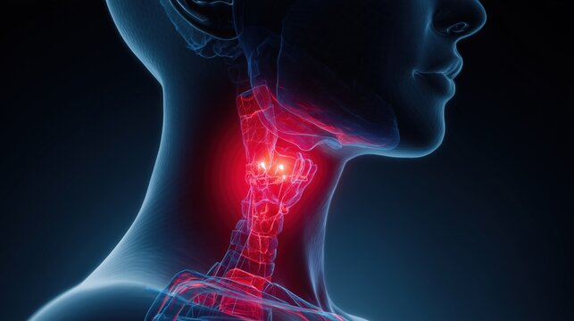 Autoimmune thyroiditis: close-up of human neck highlighting the thyroid gland, autoimmune thyroiditis concept, transparent skin visualization, soft medical lighting, anatomical accuracy