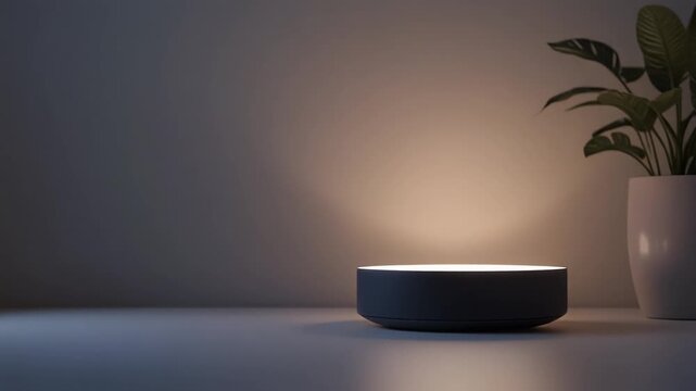 Minimalist circular ambient light device and green plant on a table, illuminating a wall with varying warm and cool light intensities and atmospheric glow in a studio setting.