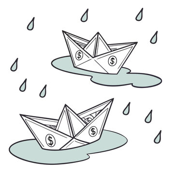 Paper boats shaped like currency notes floating in water with raindrops 1