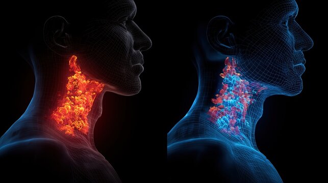 Autoimmune thyroiditis: scientific comparison image of healthy thyroid vs autoimmune thyroiditis, side-by-side anatomical visualization, accurate medical labeling space