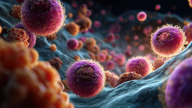Autoimmune thyroiditis: scientific visualization of autoimmune thyroiditis showing immune cells attacking thyroid tissue, cinematic macro perspective, highly detailed cellular structures