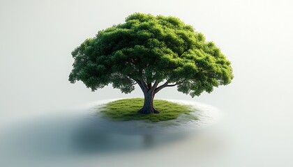 Lush green tree on a small grassy island with misty surroundings nature growth