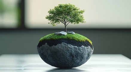 Miniature floating island with green tree and rocks on mossy surface miniature island