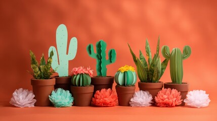 Vibrant colorful cacti and blooming flowers in stylish terracotta pots display