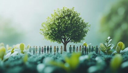 Miniature people stand in lush green foliage around a large leafy tree tiny figures group