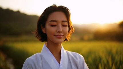 Serene woman meditating peacefully in golden sunset field attire