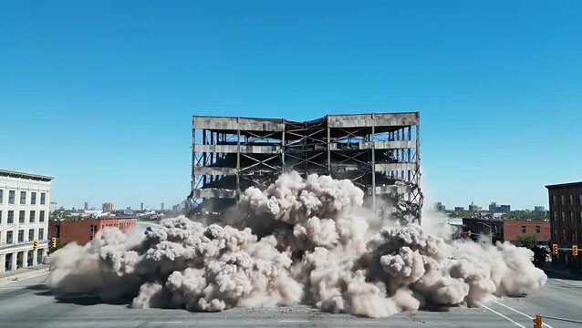 City building demolition creating a massive dust explosion