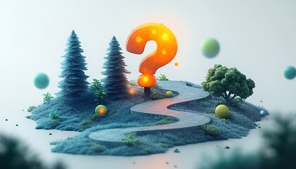 Orange Question Mark Symbol on Winding Path Through Blue Grassy Island glowing