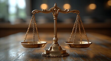 Ornate golden balance scales on a wooden surface with blurred background scales of justice