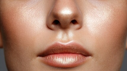 Fototapeta premium Close-up of female face with luminous skin detailed lips and nose studio setting beauty photography portrait focus