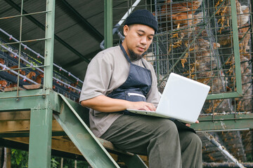 Focused Farmer Manages Poultry Business Using Laptop in Outdoor Chicken Coop © Gatot