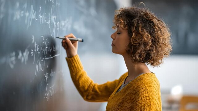 Confident female student solves challenging math problems on chalkboard, showcasing analytical thinking, concentration. Modern education, STEM learning environment are highlighted in this scene