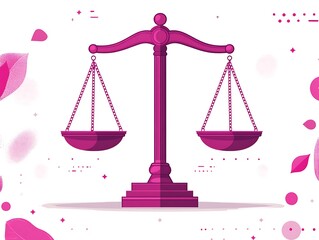 Pink justice scales symbol with abstract shapes and dots on white background balance