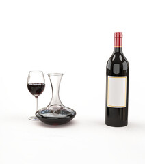 Elegant setup with a full bottle of red wine, decanter, and a glass against a clean white background