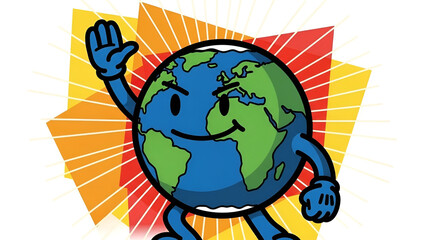 Cheerful Cartoon Earth Character Waving Hello with a Bright Smile and Radiant Sunburst Background Symbolizing Global Friendliness and Environmental Hope