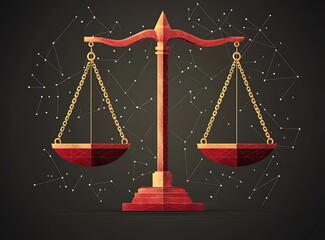 Red and gold balance scale with constellation background justice weighing