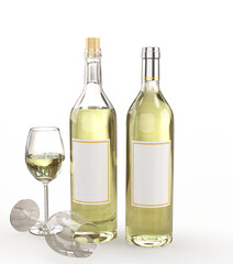 Two bottles of white wine with one glass standing and another glass lying on a white background