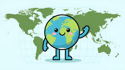 Cute cartoon Earth character waving hello in front of a world map, conveying a friendly greeting and global connection