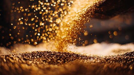 Golden grains cascading beautifully in warm bokeh light display