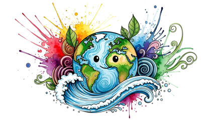 Cute cartoon planet Earth character with smiling face and waves on a white background, representing environmental awareness and global water conservation efforts