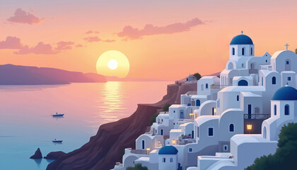Obraz premium White buildings with blue domes perch on a cliff overlooking the Aegean Sea at sunset. Small boats drift on the calm water reflecting warm sky colors. Island village architecture glows in twilight.
