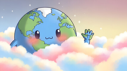 A cute cartoon planet Earth peeking through fluffy clouds with a friendly wave, symbolizing global connection and wonder