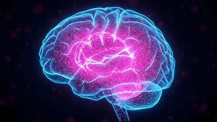 Glowing neon brain illustration with pink and blue lights