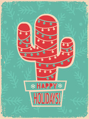 Vintage western Christmas cactus with star lights cowboy vector holiday illustration on old paper texture. Retro western style Christmas illustration with red cactus wrapped in glowing star shaped hol