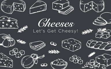 Hand-drawn Cheese Assortment Sketch on Dark Background