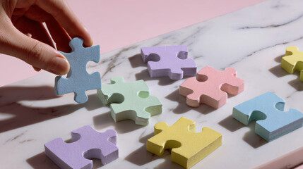 Colorful puzzle pieces are falling into place on a marble table while one piece is being placed by hand, representing teamwork in a corporate environment