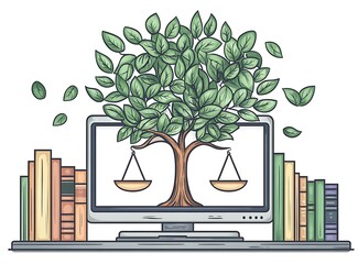 Tree of knowledge with scales of justice on computer screen and books image
