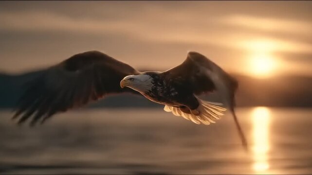 Soaring eagle silhouette in golden sunlight over water at sunset