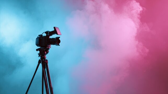 Professional video camera mounted on tripod against vibrant sky gradient backdrop