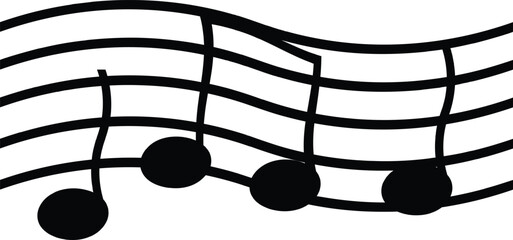 Abstract musical notes on flowing staff lines vector illustration in black and white.