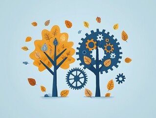 Two trees one organic with orange leaves one mechanical with gears nature