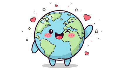 Adorable Cartoon Earth Character Winking and Waving with Hearts and Stars - A Whimsical Representation of Our Planet