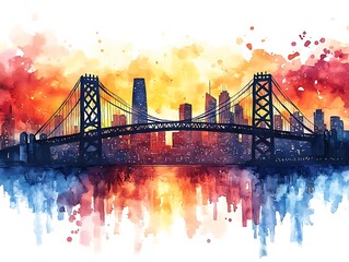 Watercolor suspension bridge cityscape with vibrant sunset sky reflection image